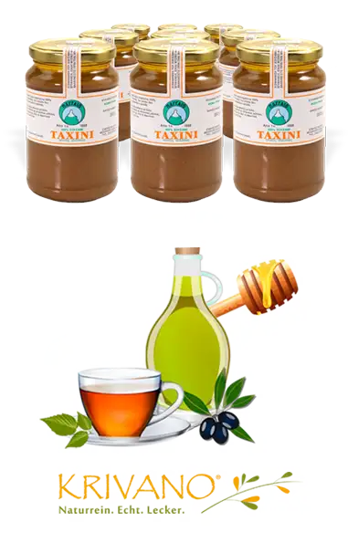 Tahini-Gläser und KRIVANO-Logo